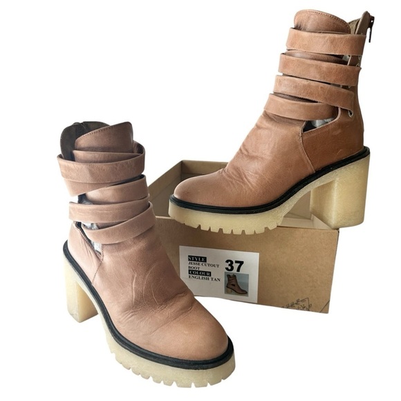 Free People Shoes - Free People leather strappy cutout ankle boot Jesse tan lug sole beige camel 37